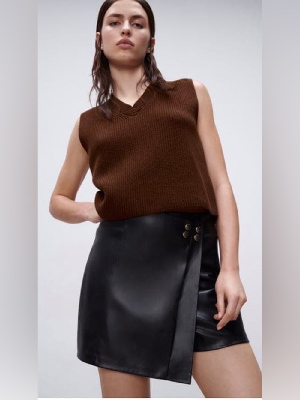 Zara Brown Knit V-Neck Sleeveless Sweater Top Vest Small S